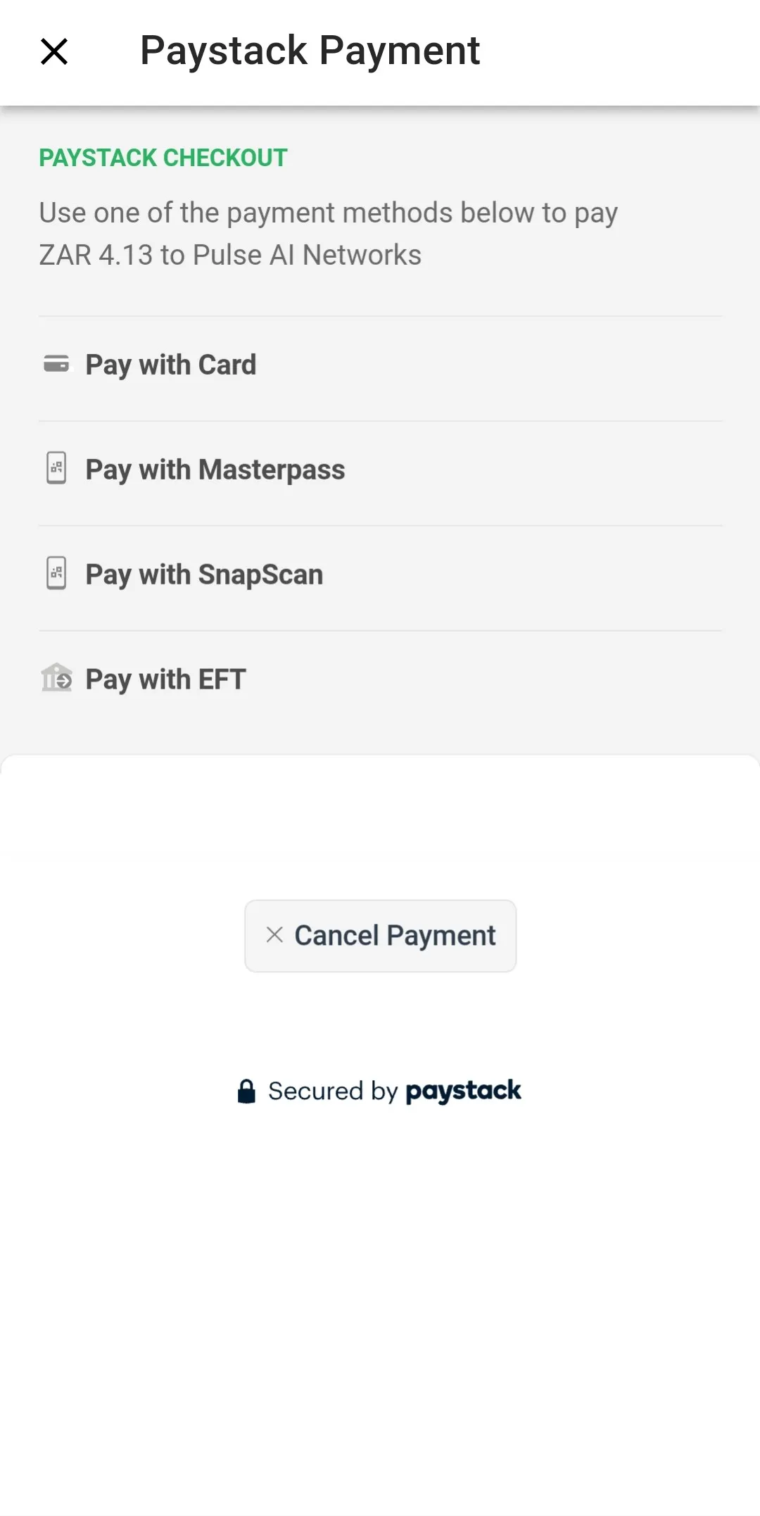 Payment option screen