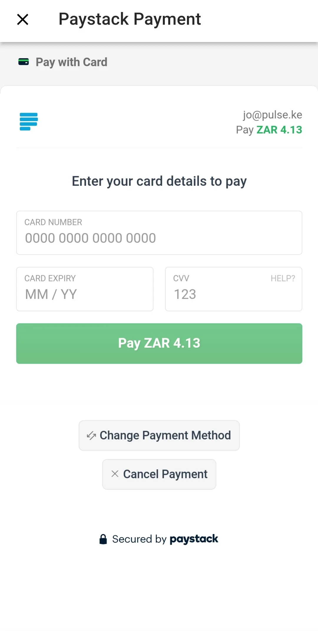 Payment screen